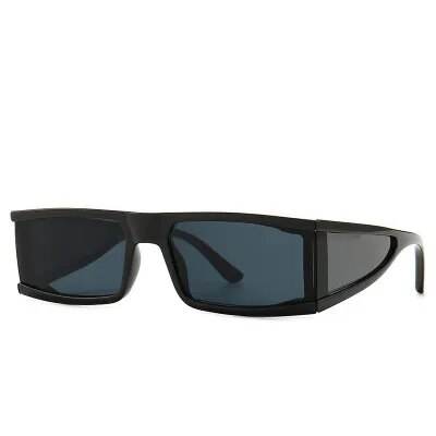 Sunglass Lover black retro rectangle sunglasses for women with slim rectangular blue lenses and side shields