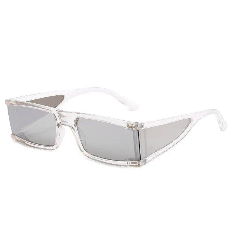 Sunglass Lover clear frame retro rectangle sunglasses for women with narrow gray mirrored lenses