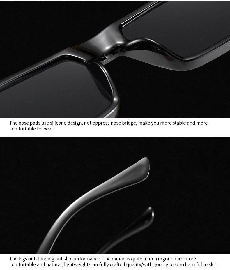 Sunglass Lover glossy black retro rectangle sunglasses for women close up showing silicone nose pads and ergonomic arms