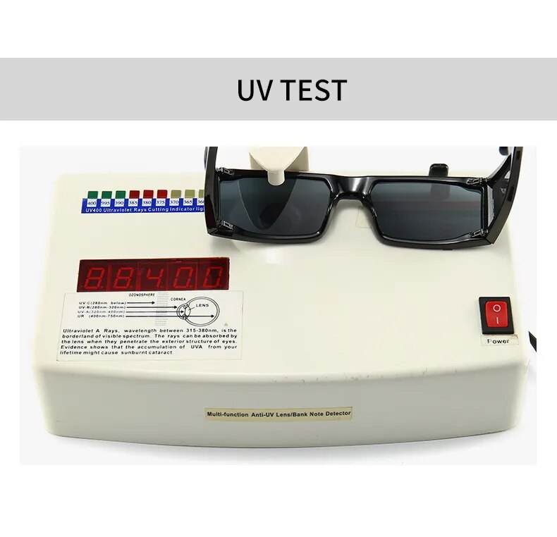 Sunglass Lover black UV test setup with retro rectangle sunglasses for women on UV meter display