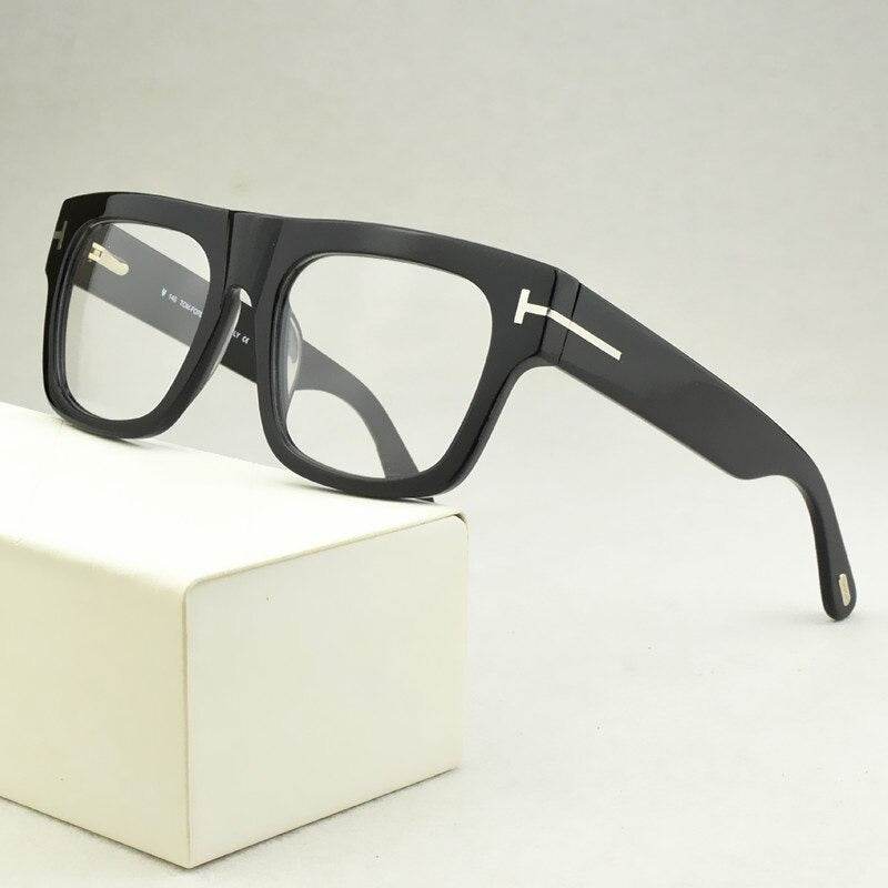 Black matte thick acetate trendy square frame glasses unisex with bold temples and silver T detail