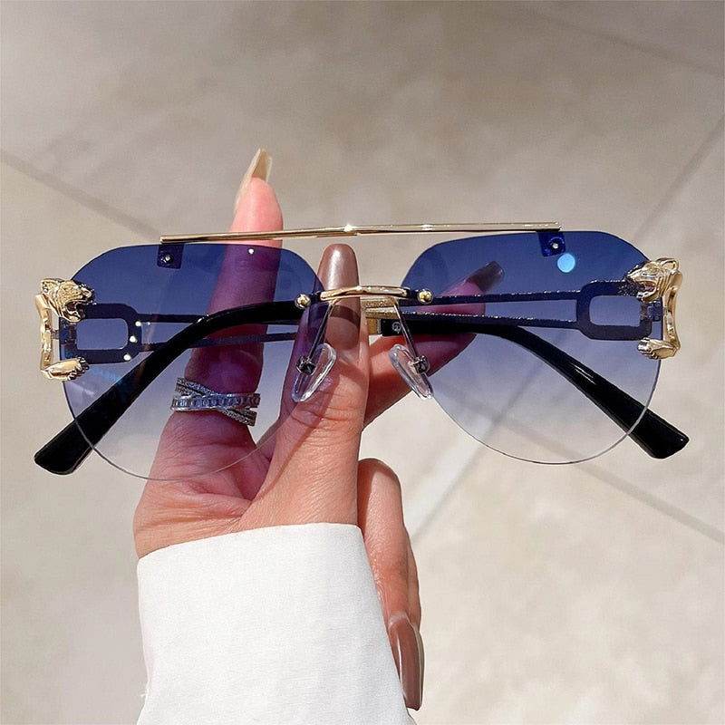 Sunglass Lover unisex vintage aviator sunglasses India rimless blue gradient lenses with gold ornate temples