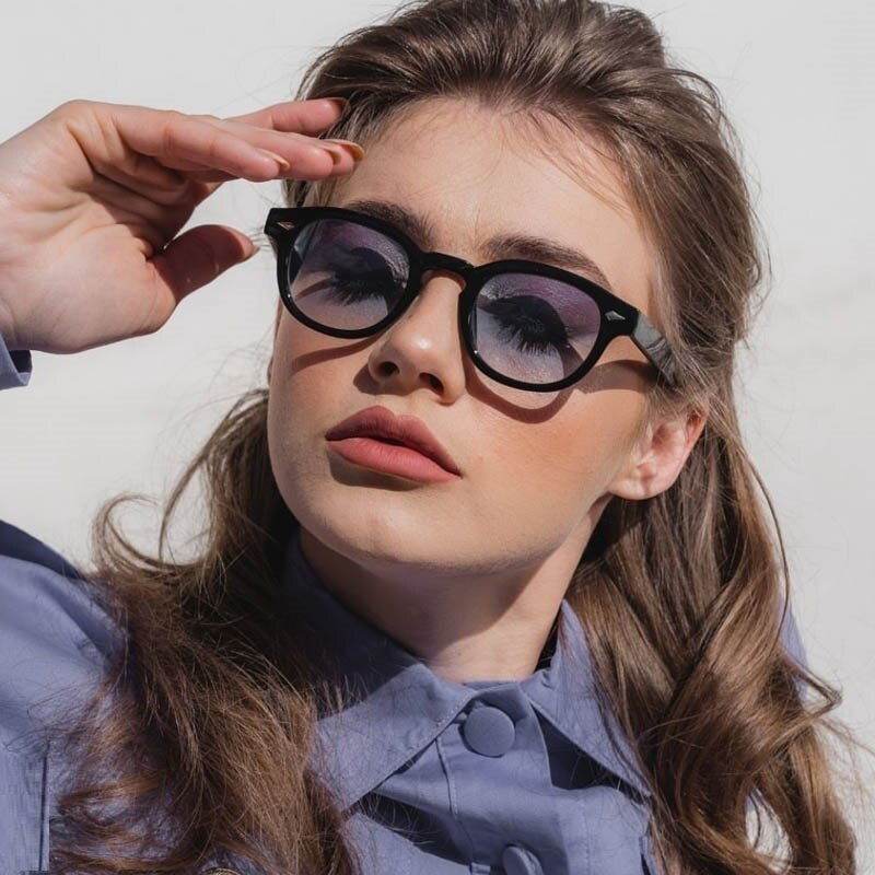 Sunglass Lover black round frames with purple tint on model wearing blouse unisex vintage sunglasses online India