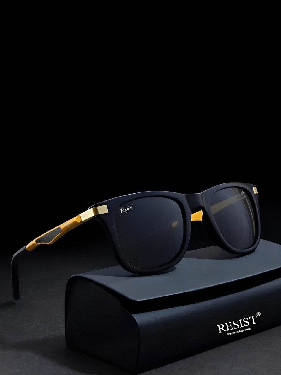 Sunglass Lover unisex wayfarer black sunglasses with gold temple accents and dark lenses on black case