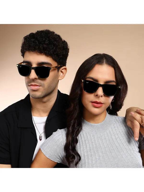Sunglass Lover unisex wayfarer black sunglasses on male and female models with classic black frames
