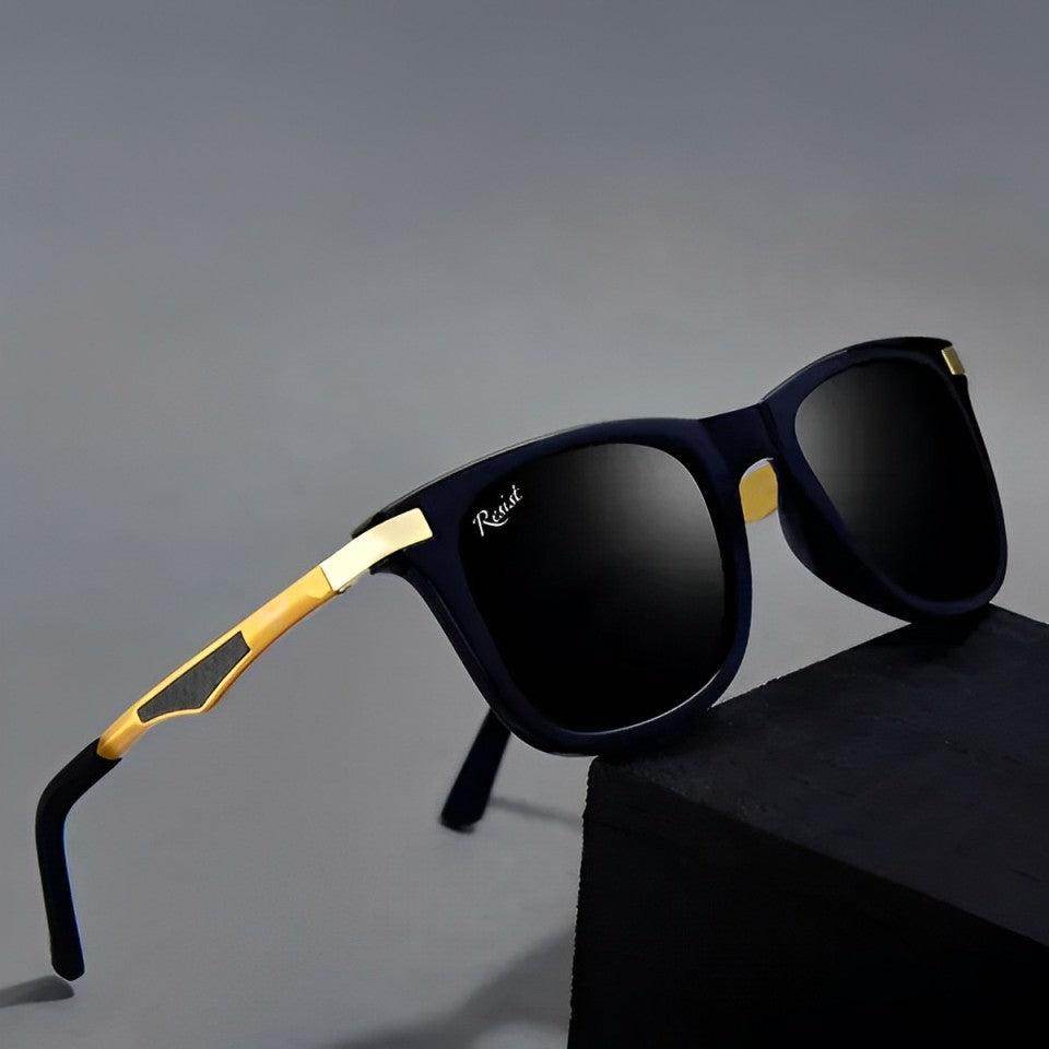 Sunglass Lover unisex wayfarer black sunglasses with matte black frame gold temples and polarized lenses