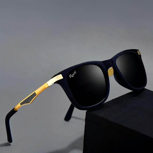 Sunglass Lover unisex wayfarer black sunglasses with matte black frame gold temples and polarized lenses