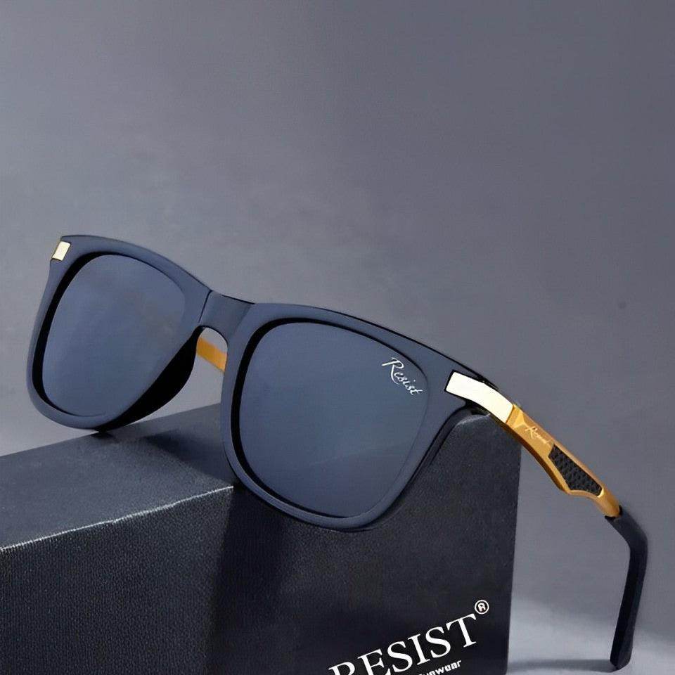 Sunglass Lover unisex wayfarer black sunglasses with matte frame and polarized dark lenses and gold temple accents