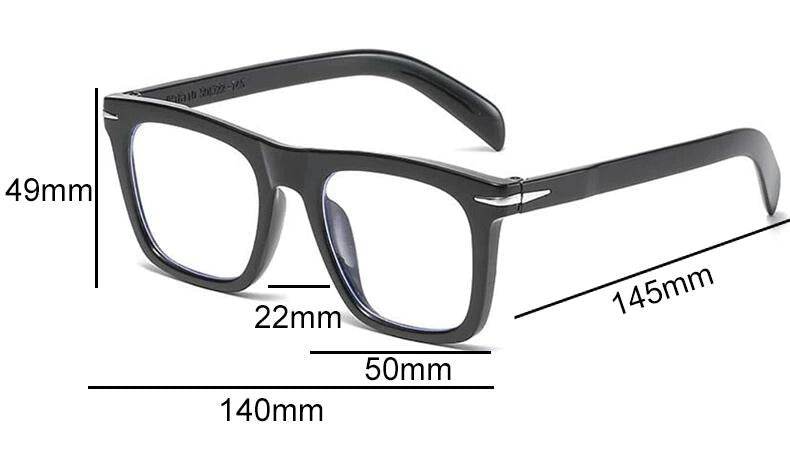 Sunglass Lover black rectangular eyeglass frames with size labels shown for blue light blocking glasses for men