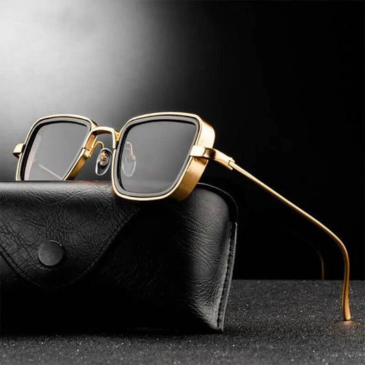 Gold square metal sunglasses with thin temples on black leather case vintage punk metal sunglasses