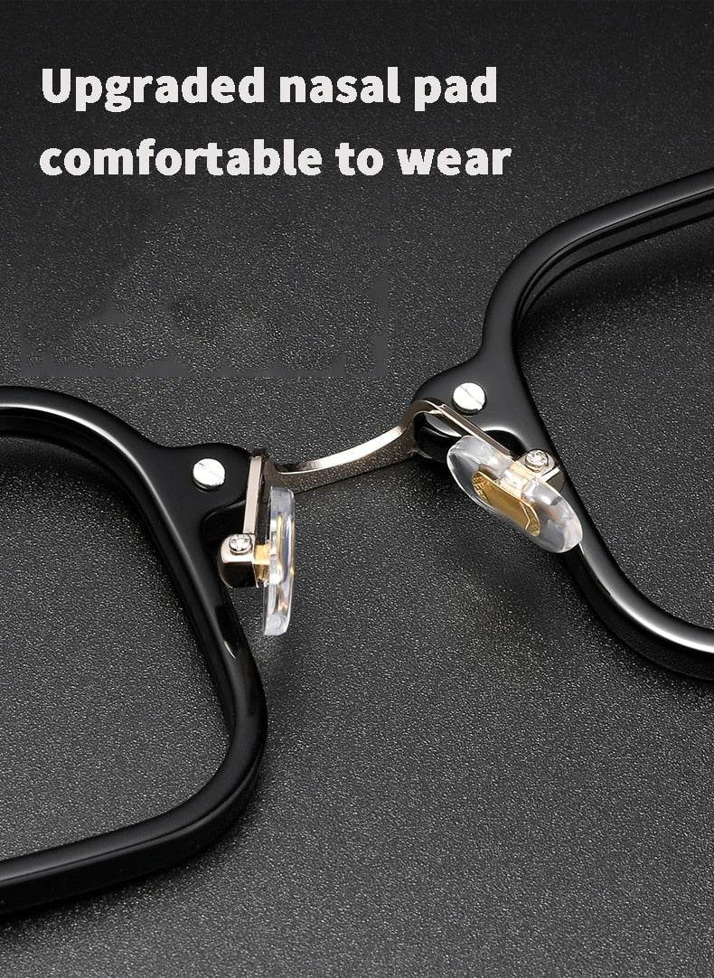 Sunglass Lover black eyeglasses close up showing upgraded nasal pads on square glasses frame for men
