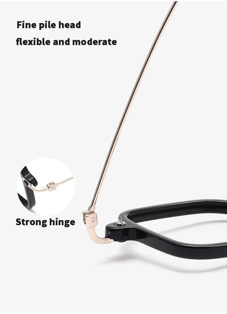 Sunglass Lover black acetate square glasses frame for men close up of gold metal temple and strong hinge