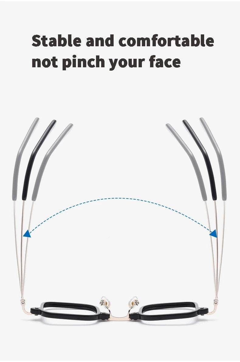 Sunglass Lover square glasses frame for men showing flexible temple arms stable comfortable fit that does not pinch