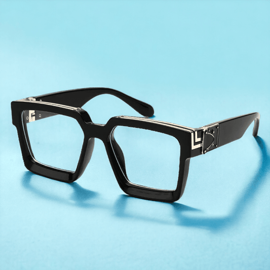 Black oversized square eyeglasses frames with metal hinge detail on blue background oversized eyeglasses for men and women
