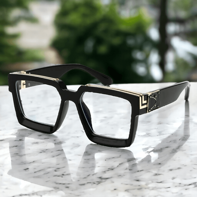Sunglass Lover black acetate oversized eyeglasses for men and women square frames with gold temple detail