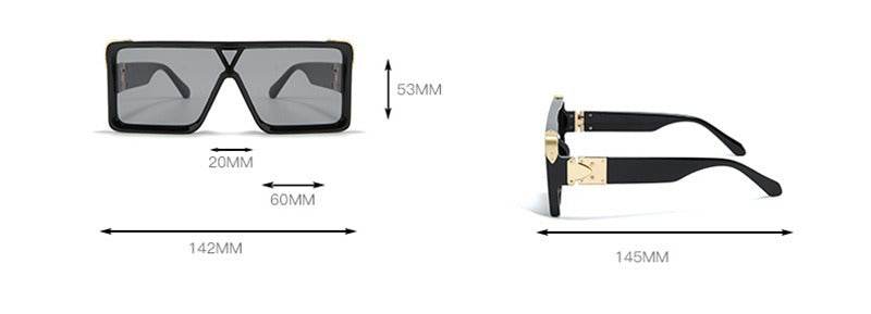 Sunglass Lover oversize sunglasses for men black rectangular frame with gold temple accents and measurements