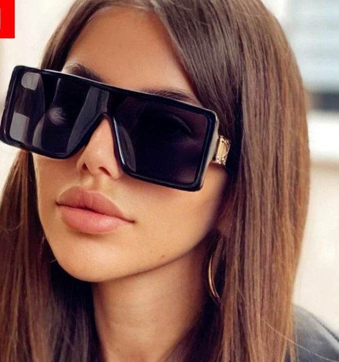 Sunglass Lover black oversized square sunglasses with gold temple accents oversize sunglasses for men on model