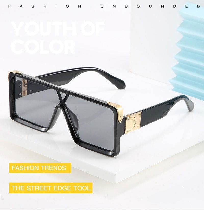 Sunglass Lover black rectangular frame sunglasses with gold accents and gray lenses oversize sunglasses for men