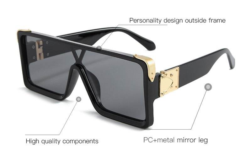 Sunglass Lover black square shield sunglasses with gold metal accents and gray lenses oversize sunglasses for men