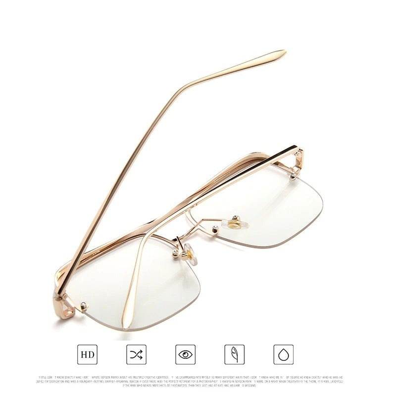 Sunglass Lover gold rimless punk style eyeglasses with clear lenses thin metal temples and adjustable nose pads