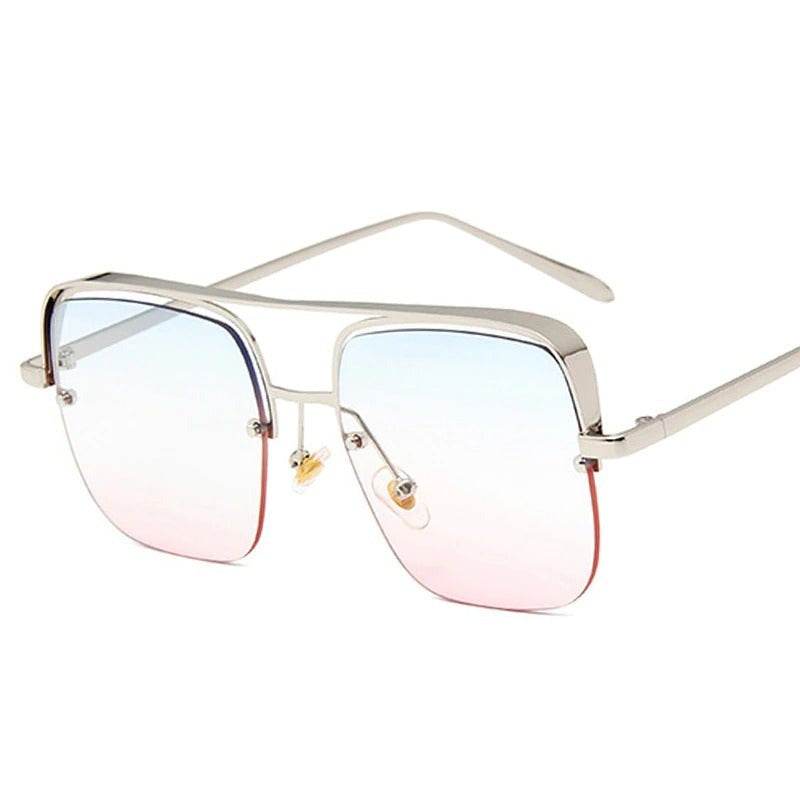Sunglass Lover rimless punk style eyeglasses with silver brow bar and blue to pink gradient square lenses