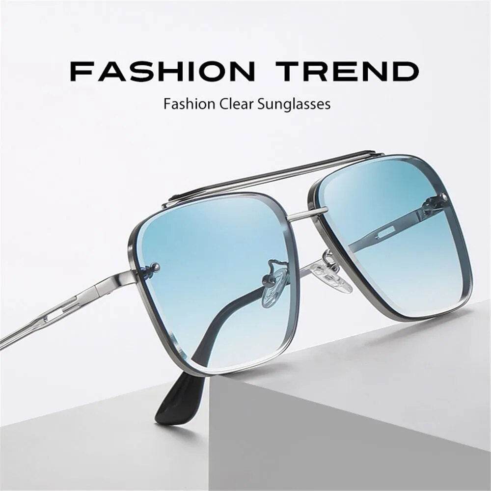 Sunglass Lover silver double bridge aviator sunglasses with blue gradient lenses designer metal sunglasses for men
