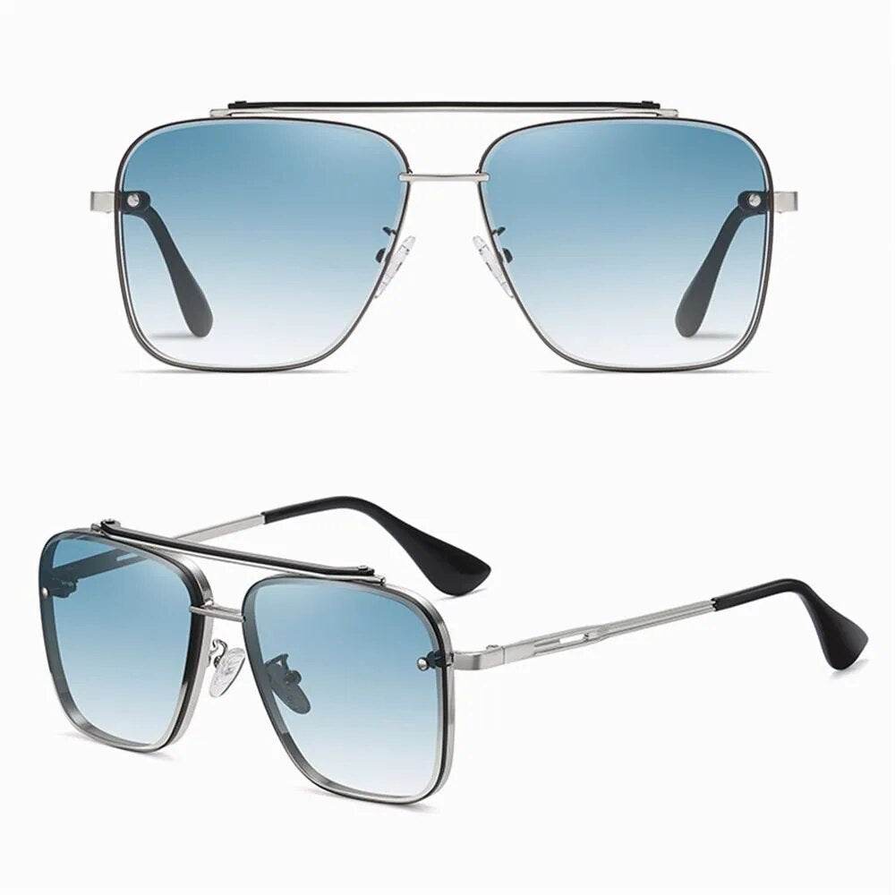 Sunglass Lover silver double bridge aviator with blue gradient lenses and black temple tips designer metal sunglasses for men