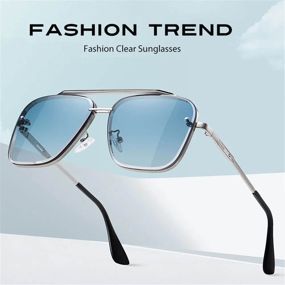 designer metal sunglasses for men by Sunglass Lover silver frame blue gradient lenses double bridge
