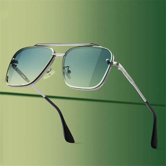Sunglass Lover designer metal sunglasses for men in silver with green gradient lenses and black temple tips