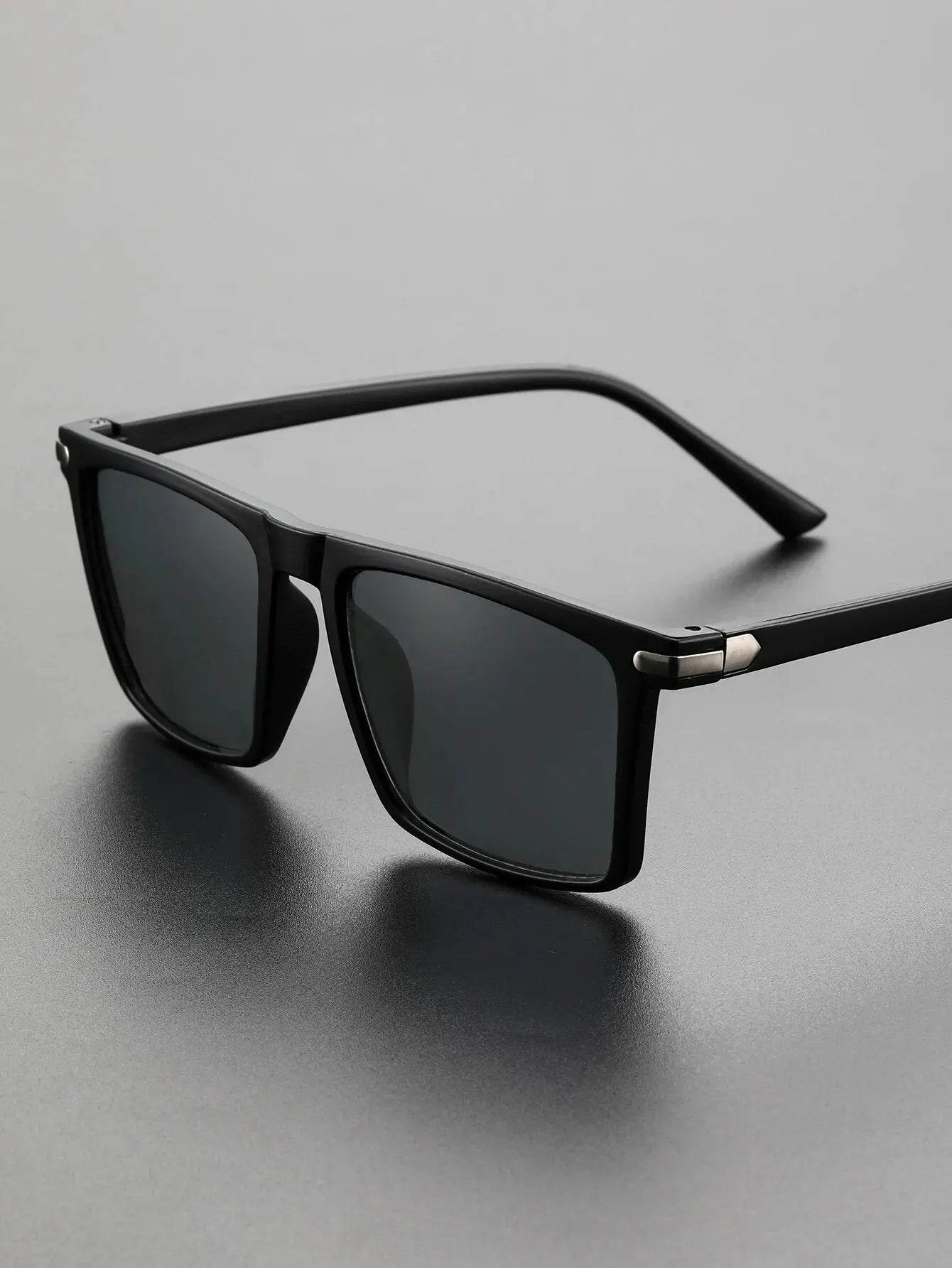 Sunglass Lover men's black square sunglasses with matte frame dark polarized lenses and silver hinge detail