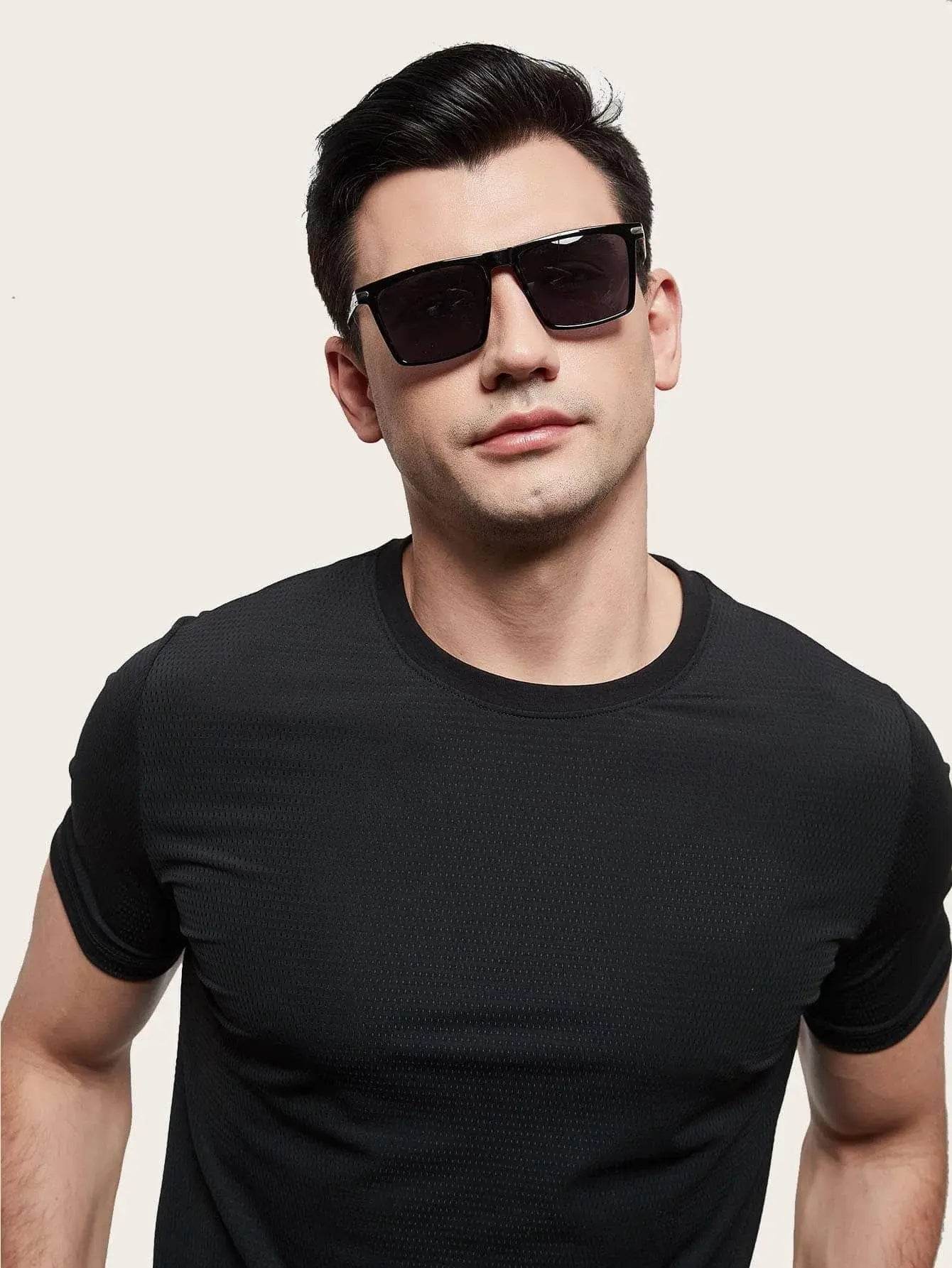 Sunglass Lover men's black square sunglasses worn by male model in black t shirt with matte frames