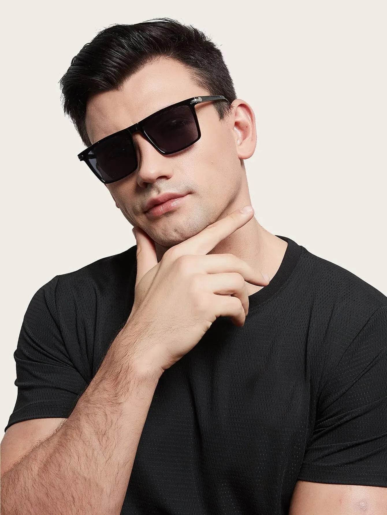 Sunglass Lover men's black square sunglasses on male model with UV protection and classic square frame