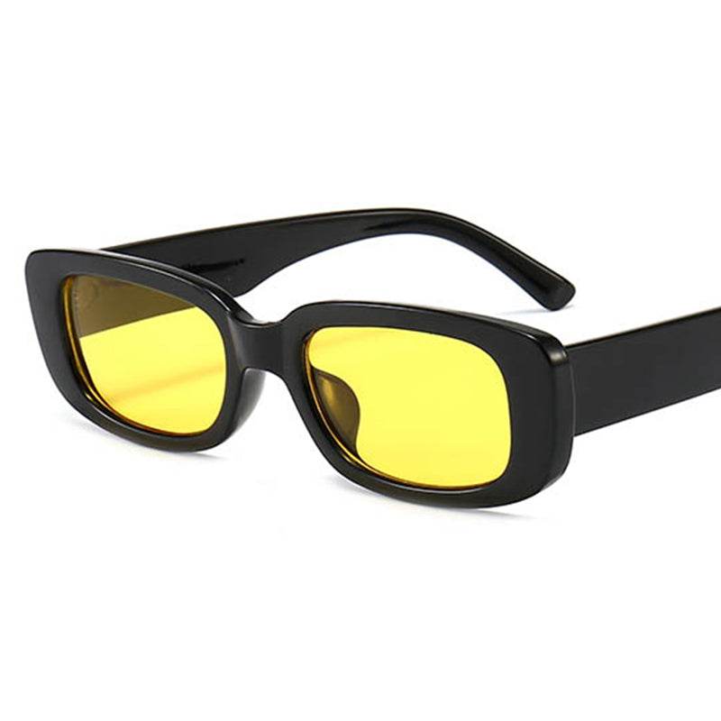 Black frame retro rectangle sunglasses for women with yellow lenses vintage small fit casual style