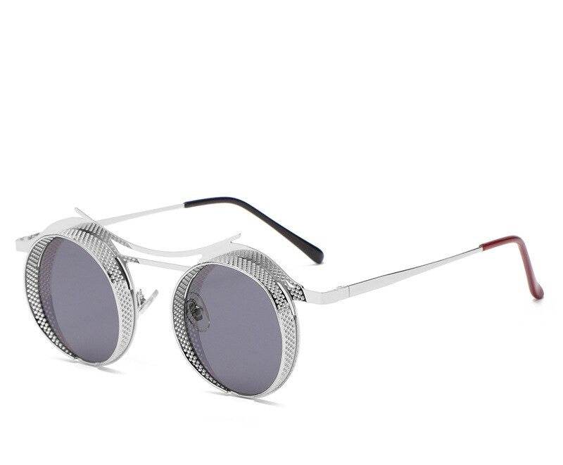 Sunglass Lover silver metal round steampunk sunglasses with textured rims gray lenses double bridge
