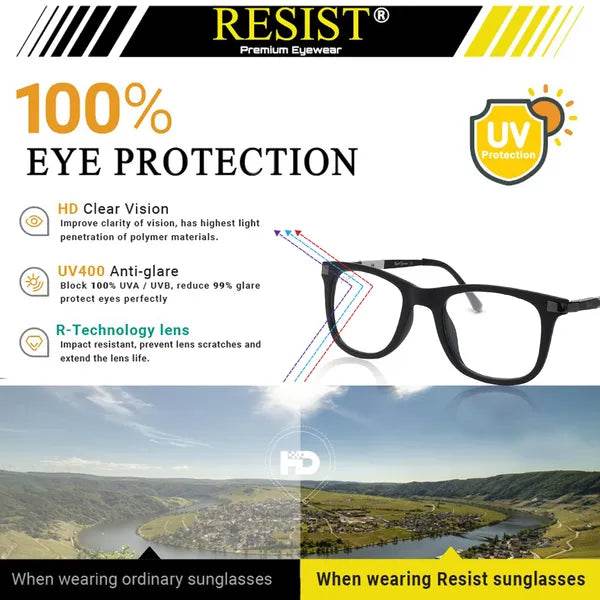 Resist wayfarer sunglasses by Sunglass Lover showing black frame and 100 percent eye protection UV protected photochromic glasses