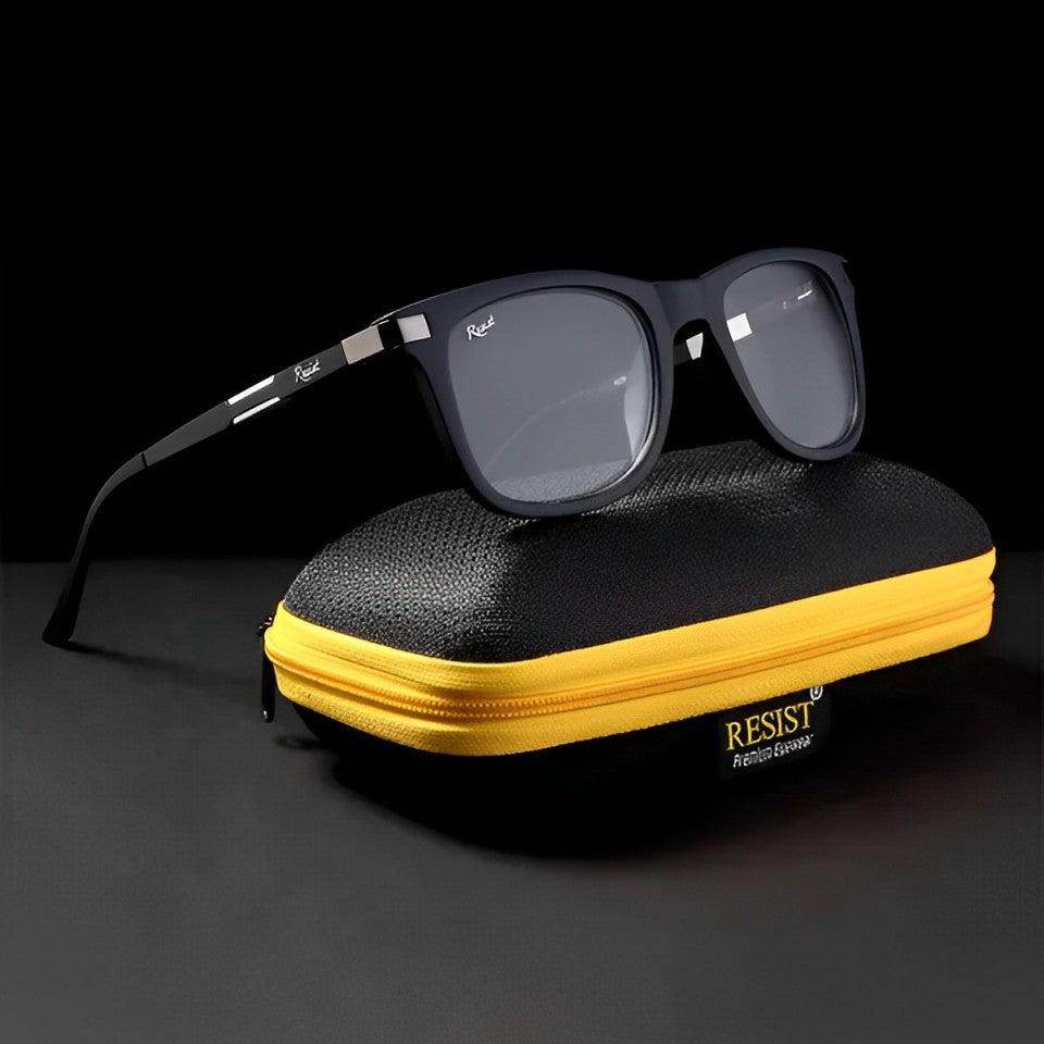 Sunglass Lover Wayfarer sunglasses with UV protected photochromic glasses lenses in black frame with yellow zip case