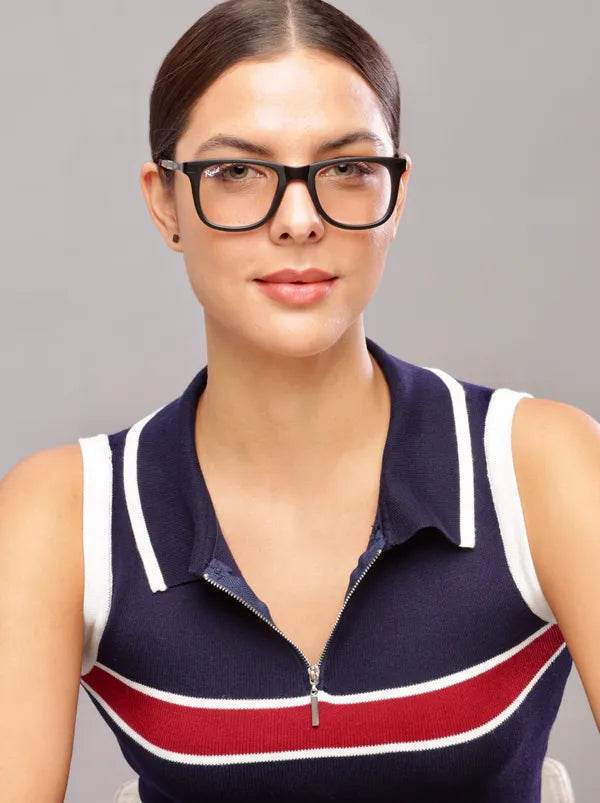 Sunglass Lover black Wayfarer sunglasses on female model in navy striped top UV protected photochromic glasses