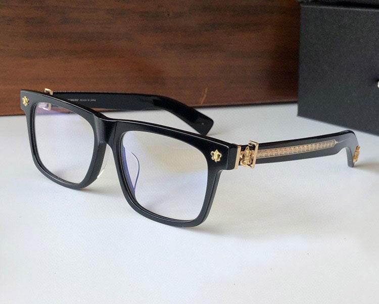Sunglass Lover black rectangle eyeglasses with gold accents Jackson retro eyeglass frames on white