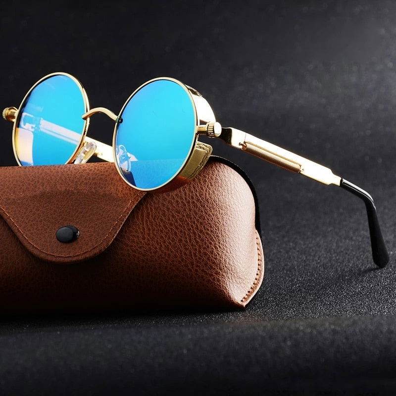 Sunglass Lover retro round sunglasses India gold frame with blue mirrored lenses on brown leather case