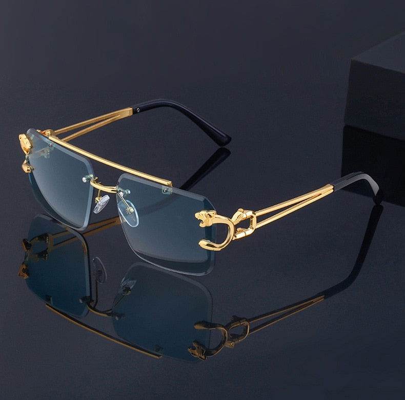 Sunglass Lover retro steampunk sunglasses for men rimless blue lenses gold double temple
