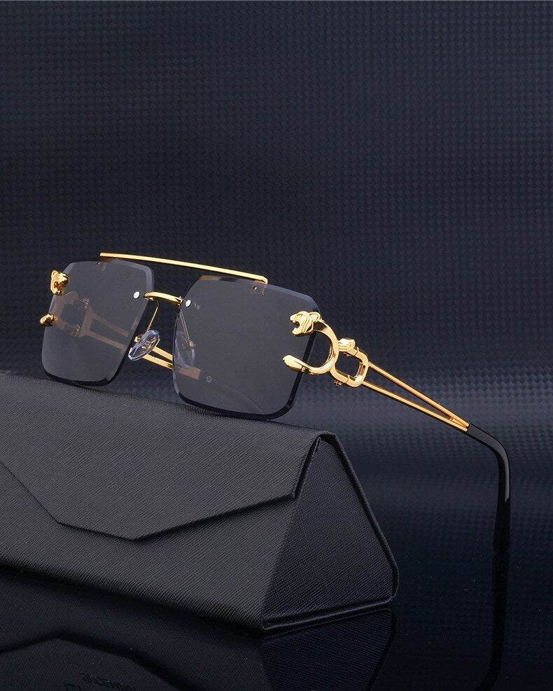 Sunglass Lover gold metal rimless square shades with dark lenses and decorative hinges retro steampunk sunglasses for men