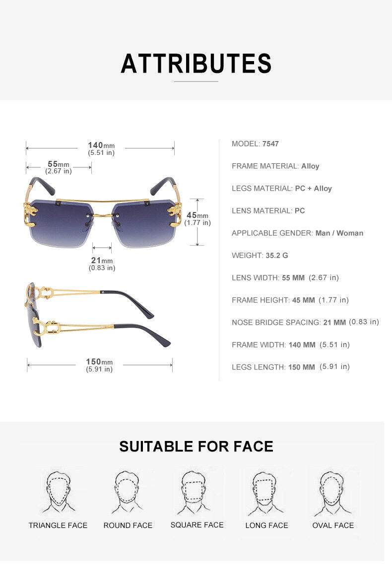 Sunglass Lover retro steampunk sunglasses for men gold alloy frame blue rectangular lenses with dimension diagram