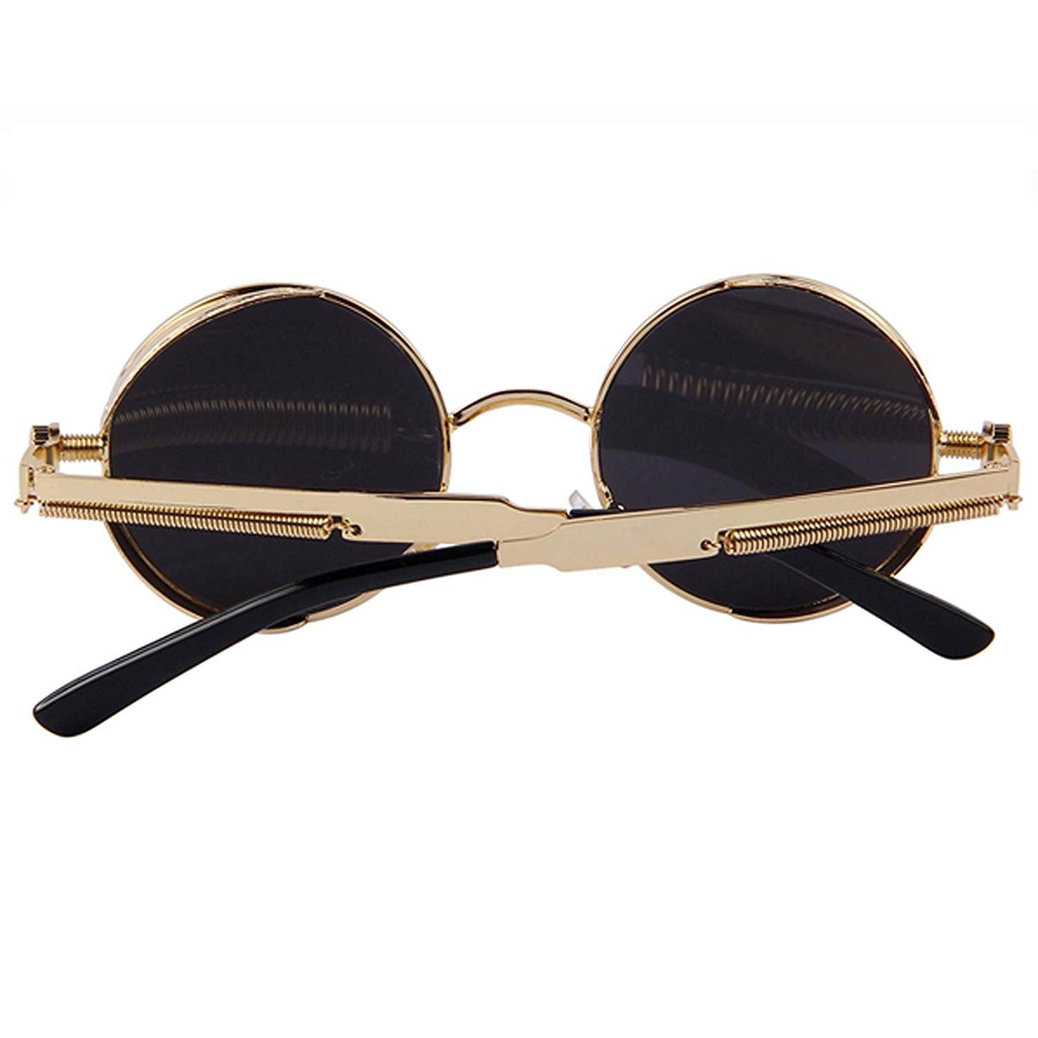 Sunglass Lover round steampunk sunglasses with gold metal frame dark round lenses and zipper hinge detail