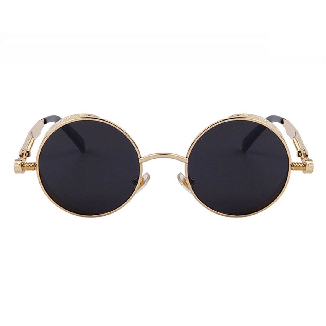 Sunglass Lover round steampunk sunglasses with gold metal frame black lenses and decorative side gears