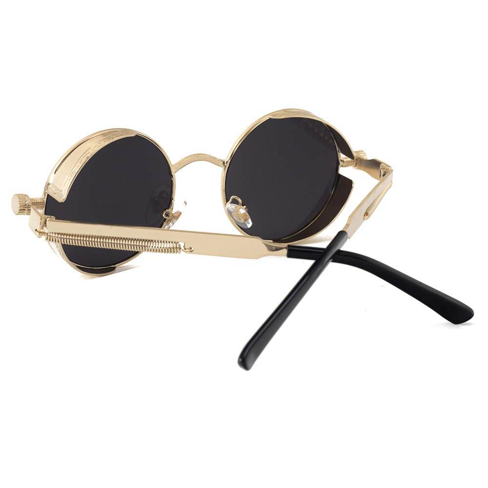 Sunglass Lover gold frame round steampunk sunglasses with black lenses and hinged side shields vintage
