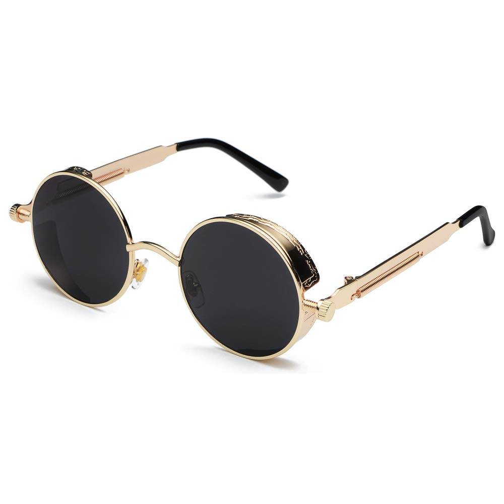 Sunglass Lover gold frame round steampunk sunglasses with black lenses and adjustable nose pads for vintage style
