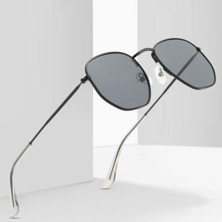 Sunglass Lover hexagon vintage sunglasses with thin black metal frame gray lenses and adjustable nose pads