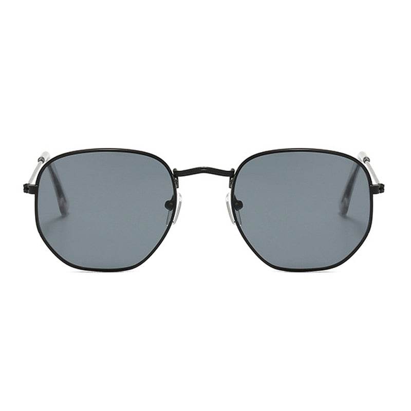 Sunglass Lover hexagon vintage sunglasses in black metal frame with gray lenses and adjustable nose pads