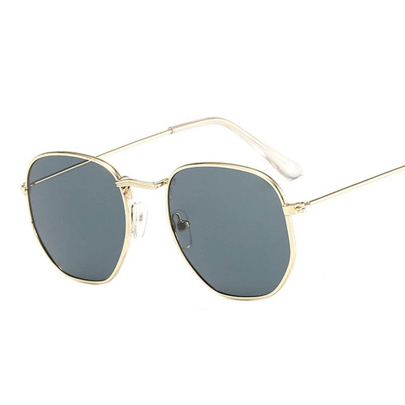 Sunglass Lover gold metal hexagon vintage sunglasses with dark gray lenses and adjustable nose pads