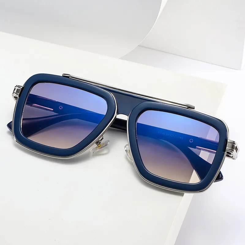 Sunglass Lover retro men's square sunglasses with navy square frames silver double bridge and blue gradient lenses